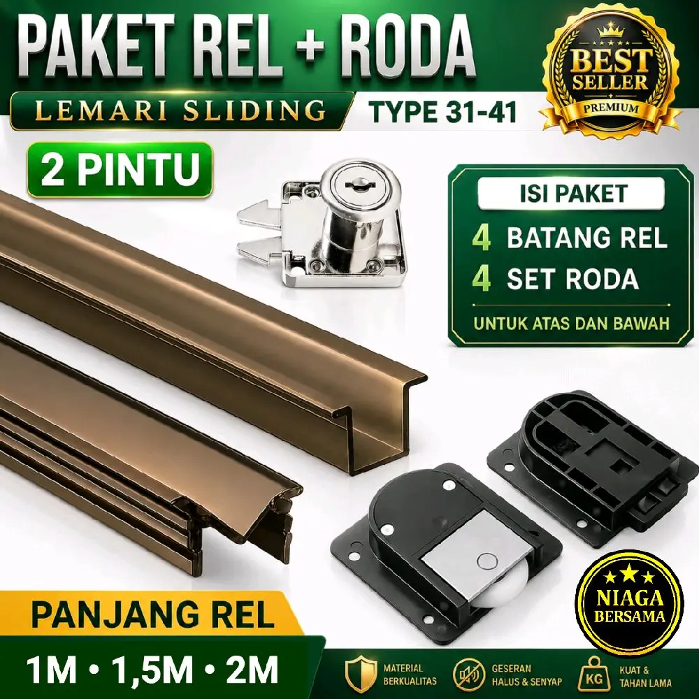 Rel Sliding Lemari 2 Pintu Type 31-41 1M 1,5M 2 Meter Model Tanam U Dan M Plus Roda Geser Huben