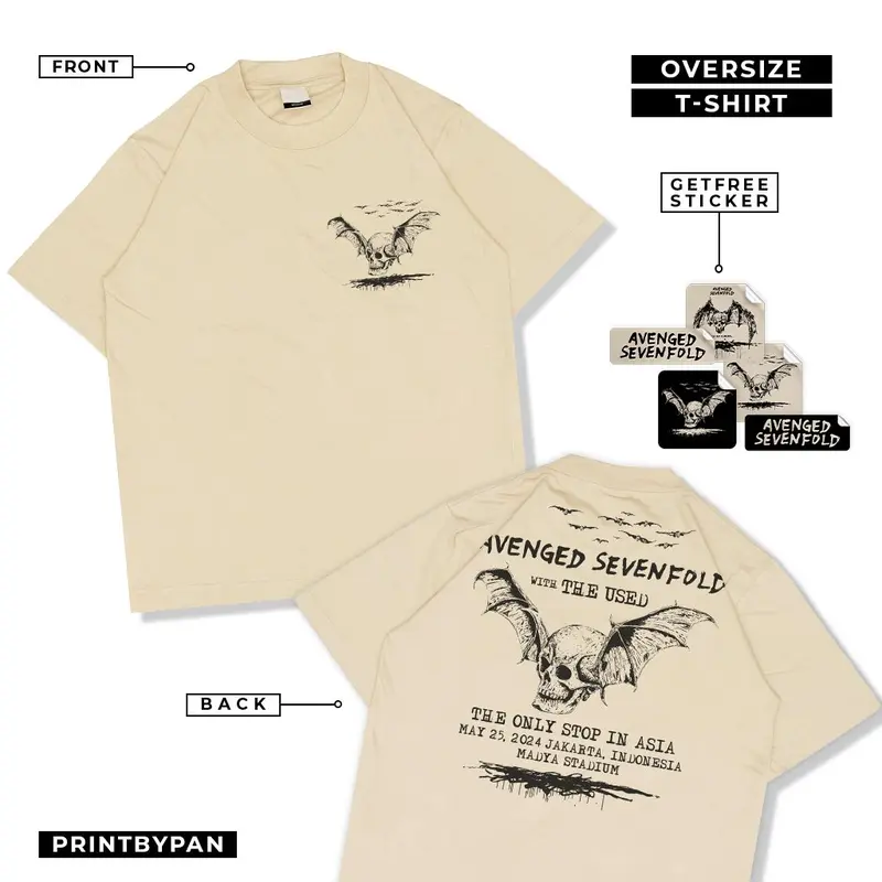 T-Shirt Merchandise A7X Avenged Sevenfold Live Jakarta 2024 - Kaos Oversize Band Vest Tank Top Tanktop Singlet Sleevesless Oversized Pria Retro Vintage Beige Khaki Cream Nude Black 7