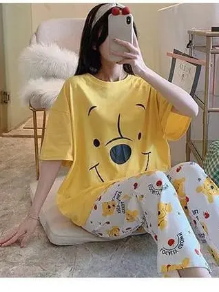 Piyama Baju Tidur Wanita Model Kaos Lengan Pendek dan Celana Panjang dengan Motif Kartun Lucu - Bahan Lembut -T010 4
