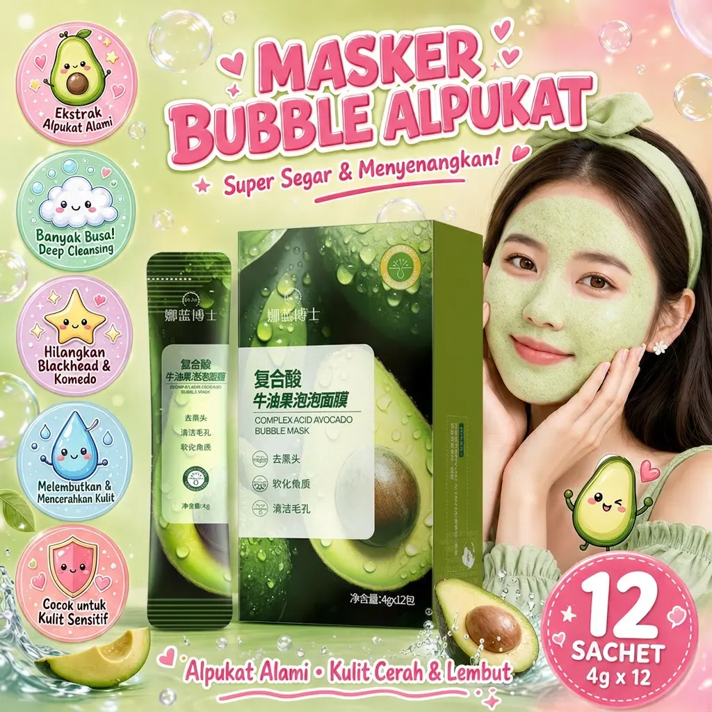 Avocado Bubble Mask 4g x 12 Sachet Bubble Facial Mask Deep Cleansing Masker Gelembung Alpukat untuk Membersihkan Pori & Minyak Berlebih