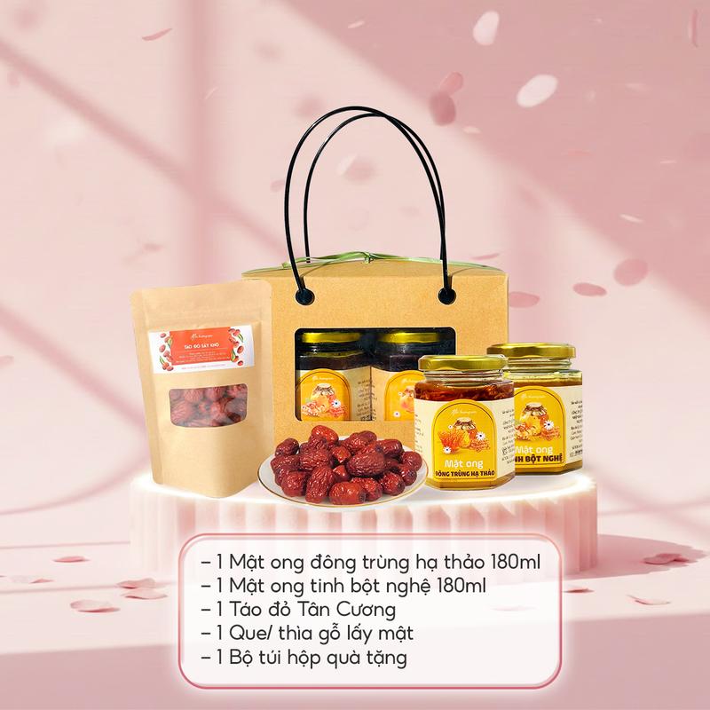 Set quà 20/11 Mộc Hương Sơn mật ong ngâm tinh bột nghệ và đông trùng hạ thảo 180ml – Quà tặng thầy cô, quà tặng cô giáo, hộp quà mật ong