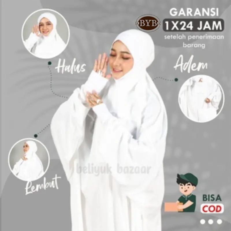 Mukena Mukenah Premium Terusan Malaysia Manset Rayon Jumbo Dewasa Travel Adem Dingin Halus Lembut Putih 0