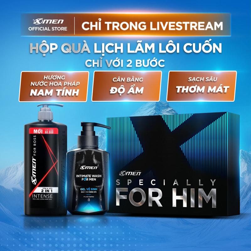 Bộ quà tặng cho nam Xmen for Boss - Sữa tắm gội 2in1 Intense 650g/Sữa tắm gội dưỡng 3in1 Legend 630g & Gel vệ sinh nam Xmen 100ml  hương nước hoa Pháp sang trọng, hương thơm nam tính