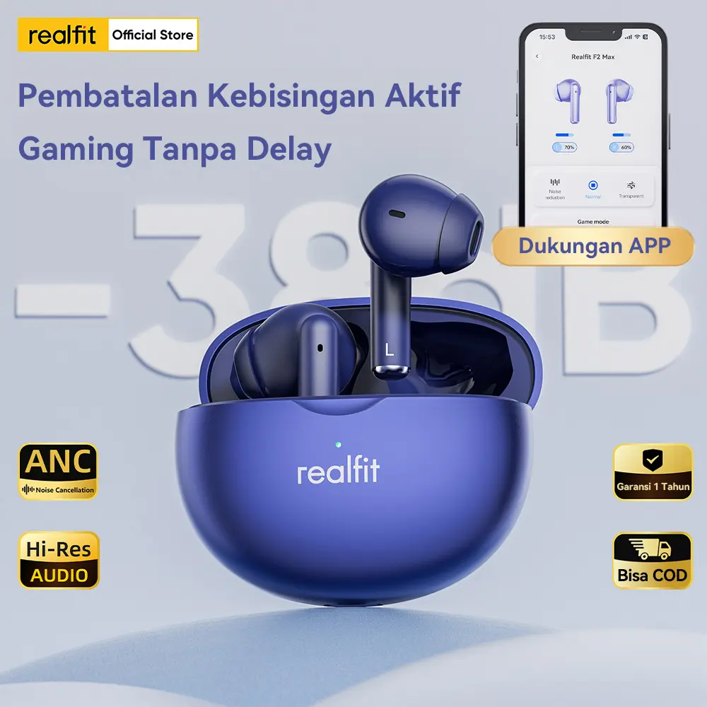 Realfit F2Max Earbud HeadsetBuletooth TWS ANC Dukuangn APP