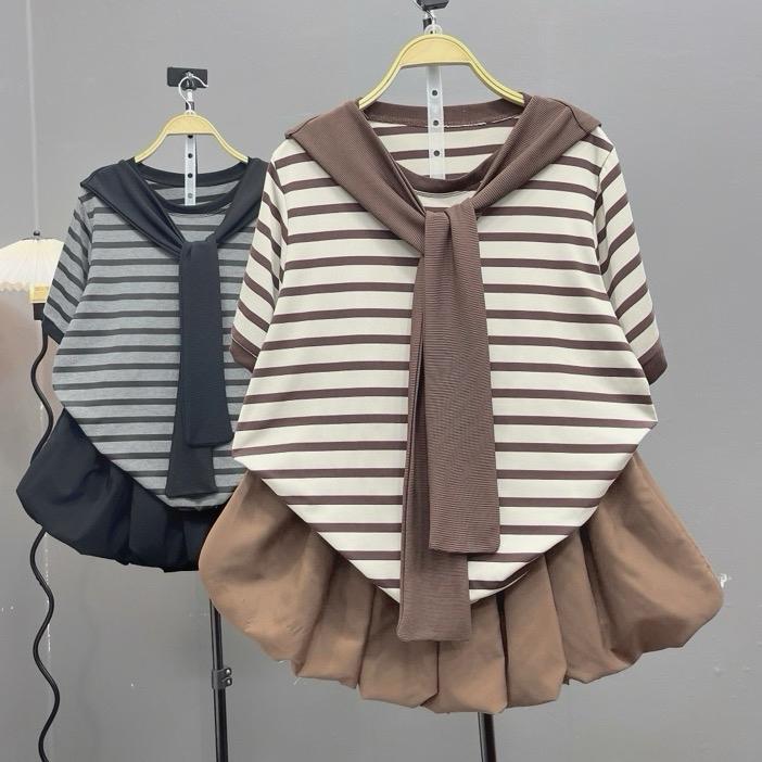 | TẶNG KÈM KHĂN| Set Bigsize Bao Gồm Áo Thun Bigsize Form Rộng Kèm Khăn Thuỷ Thủ , Áo Thun Kẻ Sọc Xinh Xắn Có Kèm Khăn Phối Váy Bí Cho Nữ Chuppy (50-92Kg)- A308 + A195 + CV413