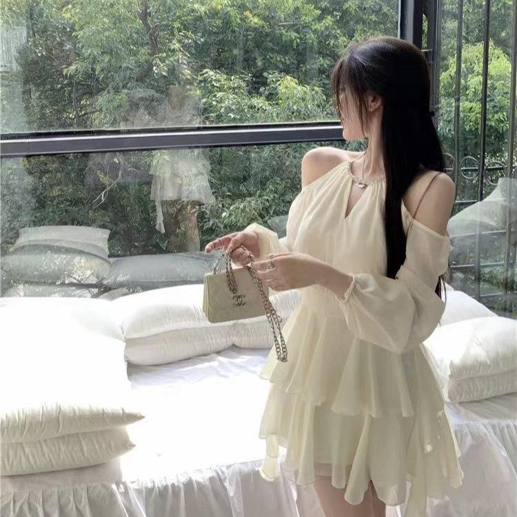 Váy Ngắn, Phong Cách Ngọt Ngào Đơn Giản, Màu Mơ Pháp, Dài Tay, Thích Hợp Cho Kỳ Nghỉ, Mùa Hè, Mỏng Vừa Vặn, Siêu Thanh Lịch, Váy Bánh Xếp Nhún, Phong Cách Hàng Ngày Nữ Women đầm  trắng váy  liền 8