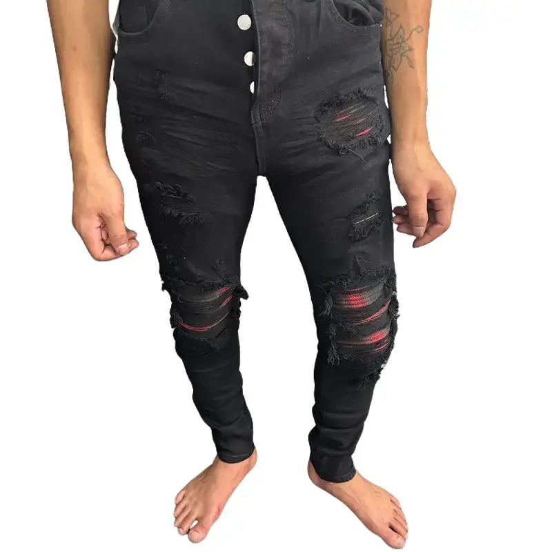 Quần đen vá vải đỏ sọc phom ôm co dãn bó sát chân thon đùi nhỏ Pants Menswear Jean quanjeans  namsale jean   vá quần  jean quan Có Túi