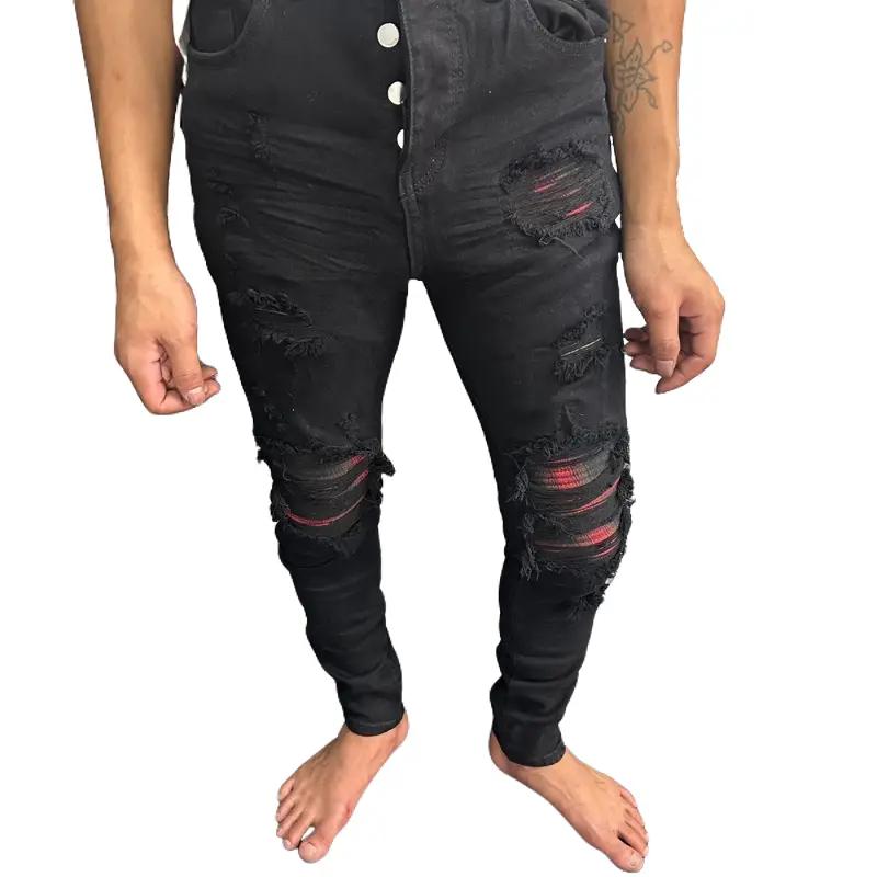 Quần đen vá vải đỏ sọc phom ôm co dãn bó sát chân thon đùi nhỏ Pants Menswear Jean quanjeans namsale jean dx vladak vá quần jean quan Có Túi