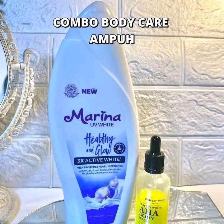 PAKET COMBO CEPAT PUTIH Marina Hb Biru 185ml & Perfect White AHA Serum Memutihkan Mencerahkan Tubuh 4