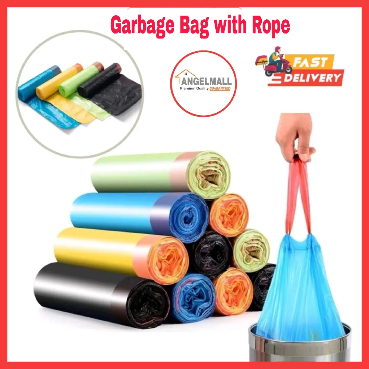 Plastic Sampah Garbage Bag Rubbish Bag Office Cleaning Trash Bags Dustbin  with Rope. (45cmx50cm) *15pcs/1roll* Hijau biru purple pink