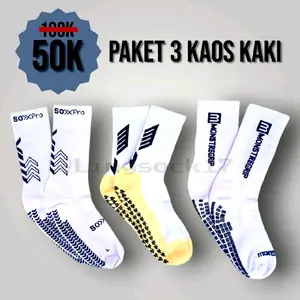 SOXPro & MONSTREGRIP Paket Hemat 3 Pasang Kaos Kaki Anti Slip Premium Hitam Putih Cocok untuk Futsal Basket Gym Nyaman Adem Tebal