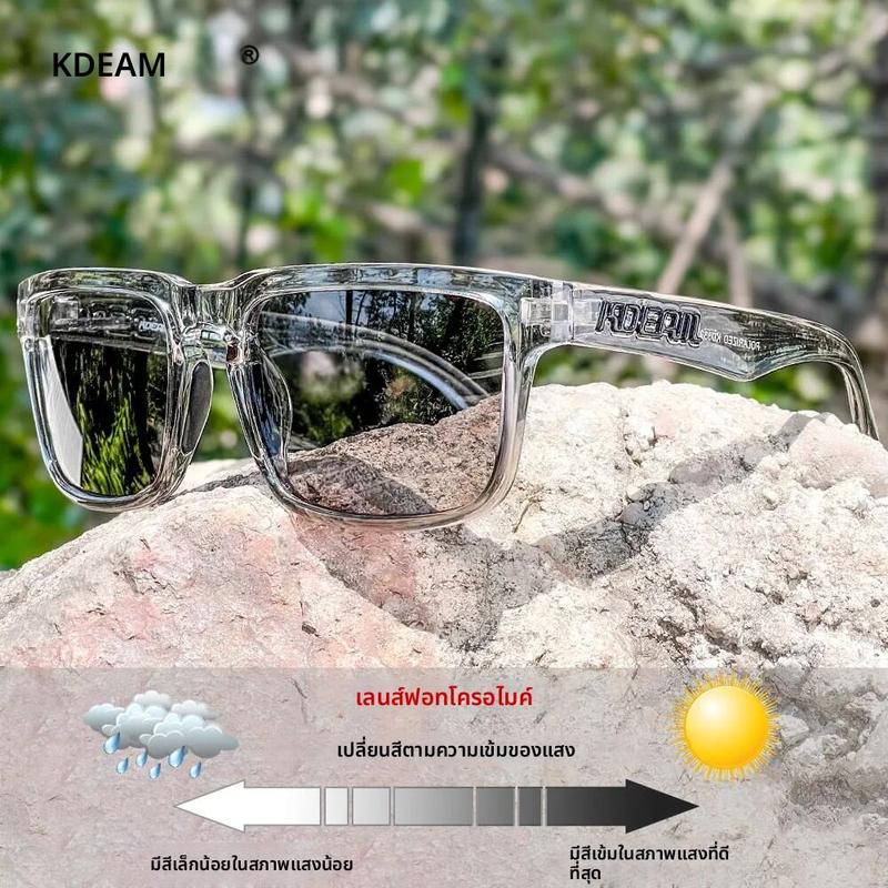 Kính râm KDEAM photochromic và phân cực, hạng mục III, dành cho nam và nữ, thiết kế độc đáo với gọng có vân và hộp đựng.