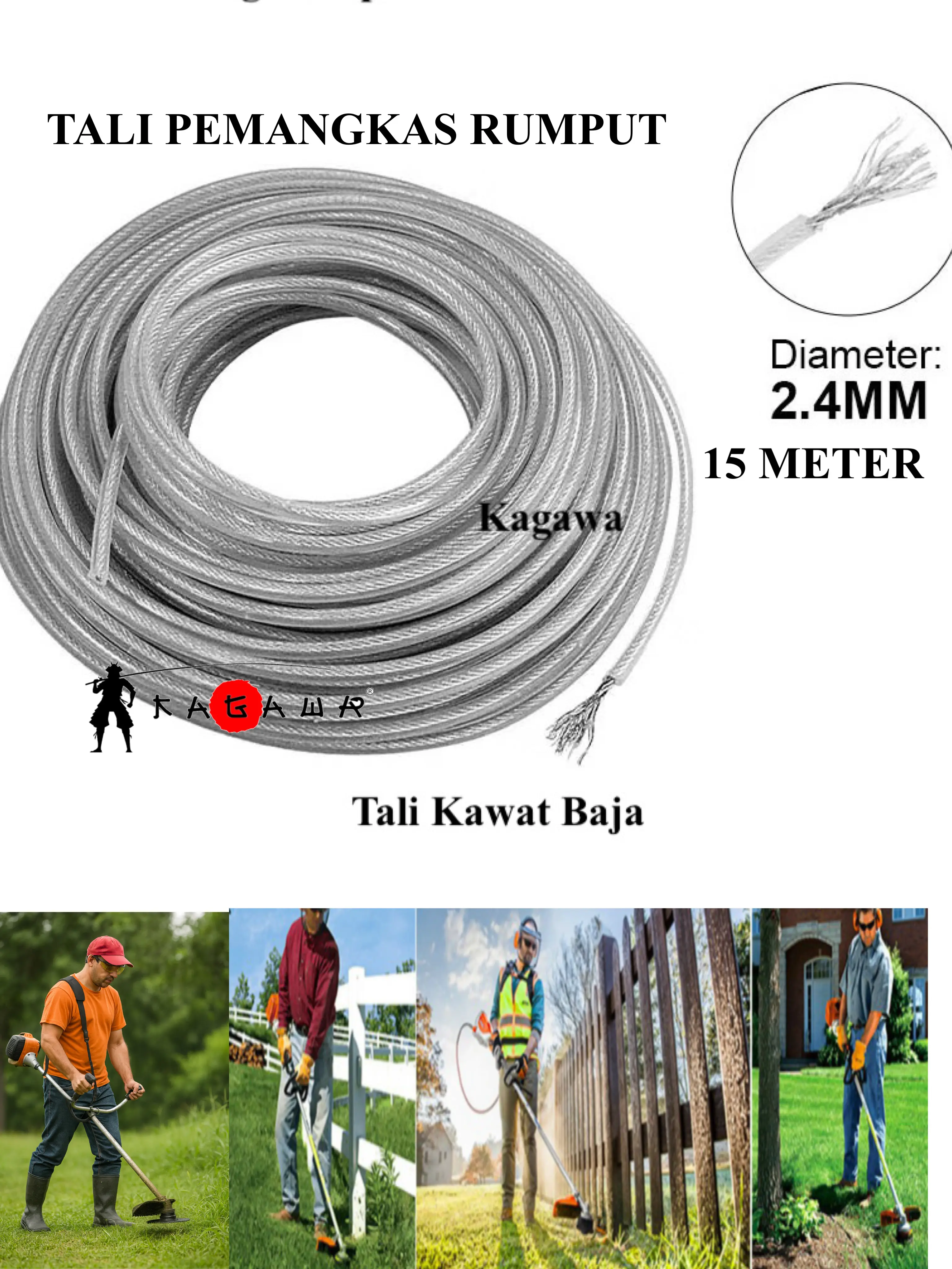 TRIMMER LINE 15 METER BENTUK SENAR BALUTAN KAWAT SENAR DAN BERGERIGI POTONG RUMPUT 2.4mm