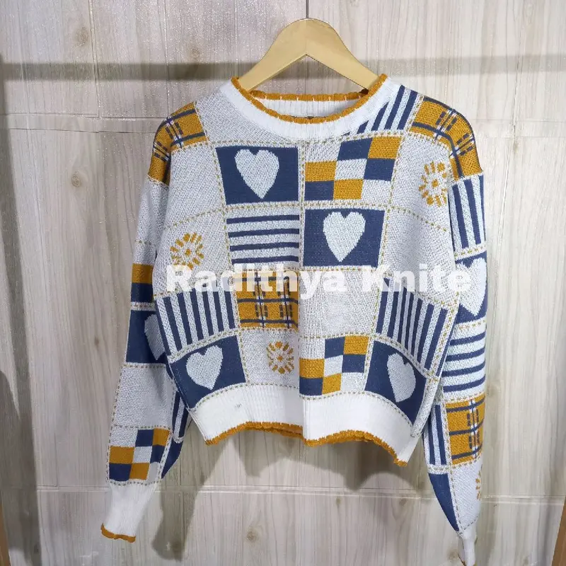 Sweater Korean Vintage - Motif Kotak-Kotak Jahitan Cinta Santai - Fit Knitwear -Korean Knite Fashion 2