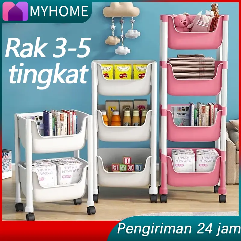 Rak dorong plastik rak dapur serbaguna rak penyimpanan buku rak susun rak toilet kamar mandi portable dengan roda