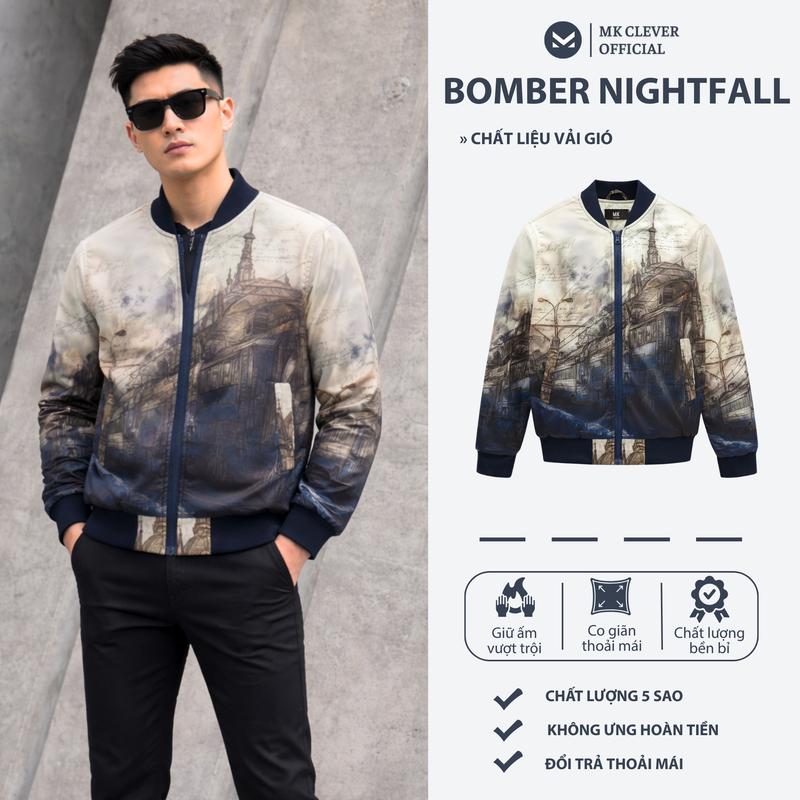 Áo Khoác Bomber NIGHTFALL MK CLEVER Vải Gió Mịn 3 Lớp Trần Bông Dày Dặn Form Dáng Trẻ Trung Menswear Nam Size M L XL 2XL Chất Liệu Mềm Mịn Màu Sắc Nổi Bật Họa Tiết Trendy