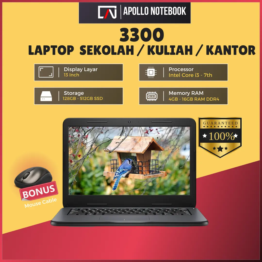 Laptop 3300 Core i3 - Gen 7 / 16GB RAM / SSD 512GB - Slim Mulus Bergaransi