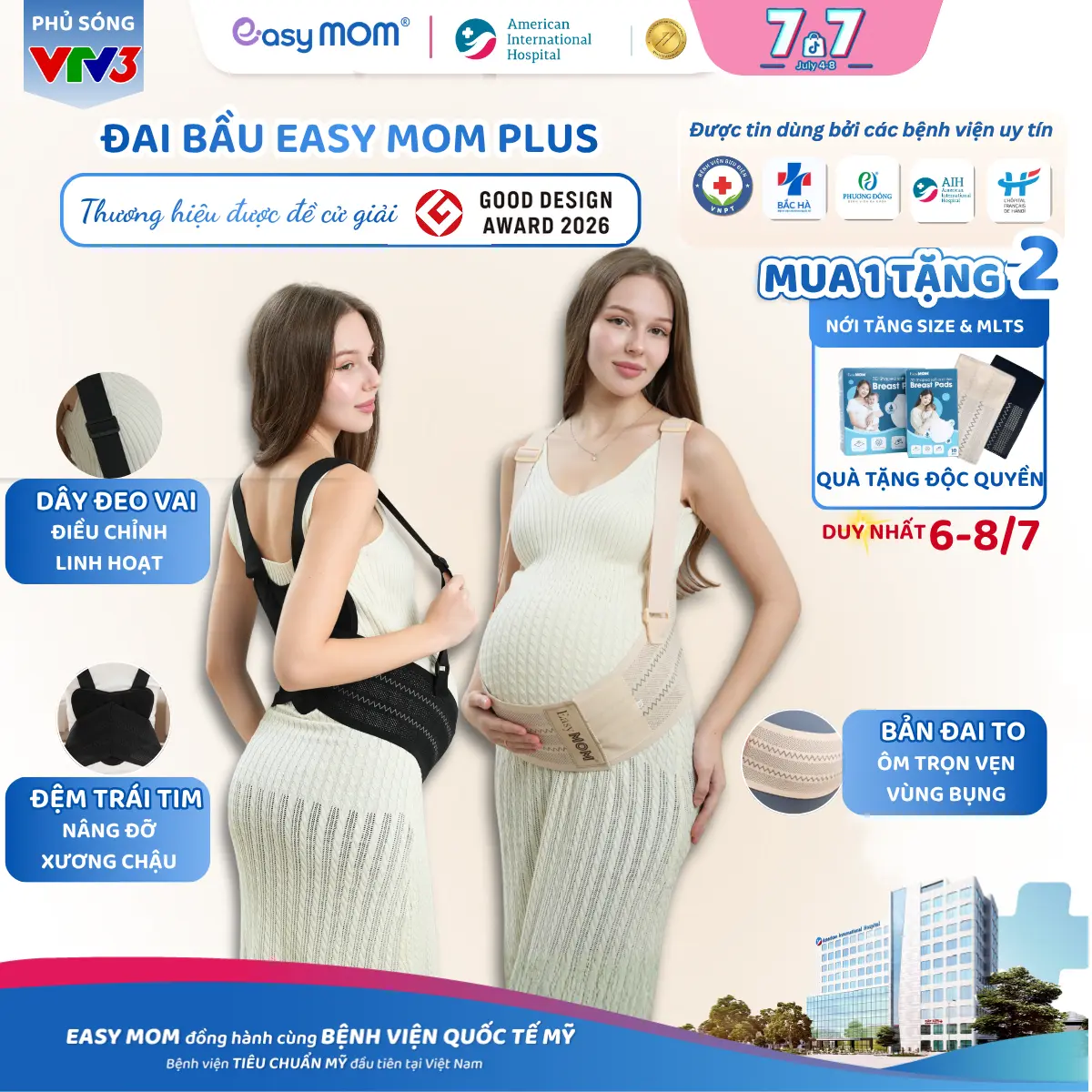 Đai nâng đỡ bụng bầu Easy MOM PLUS giảm đau lưng, co giãn 4 chiều thoáng khí, thoải mái vận động hai màu đen và da