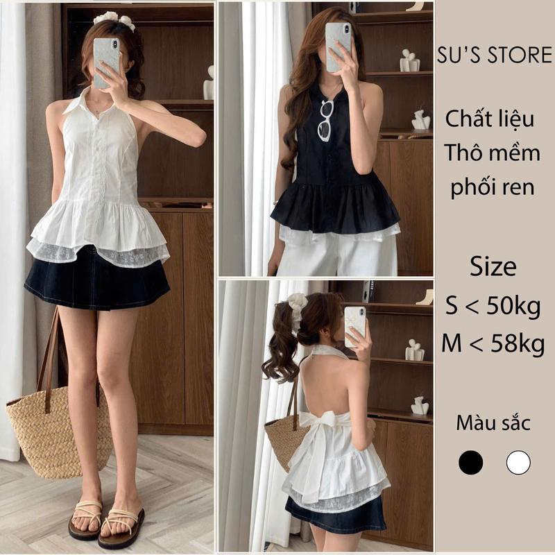 Áo Sơ Mi Sát Vai Cúc Dọc Bèo Ren Hở Nơ Lưng Susstore A3077 Thời Trang Nữ