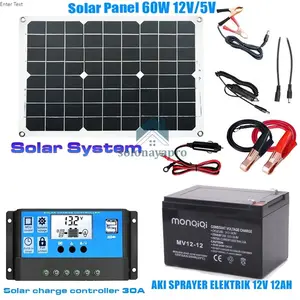 60W/100W Panel Surya Solar Panel +Aki Kering Sprayer Elektrik 12V8AH /12V12AH