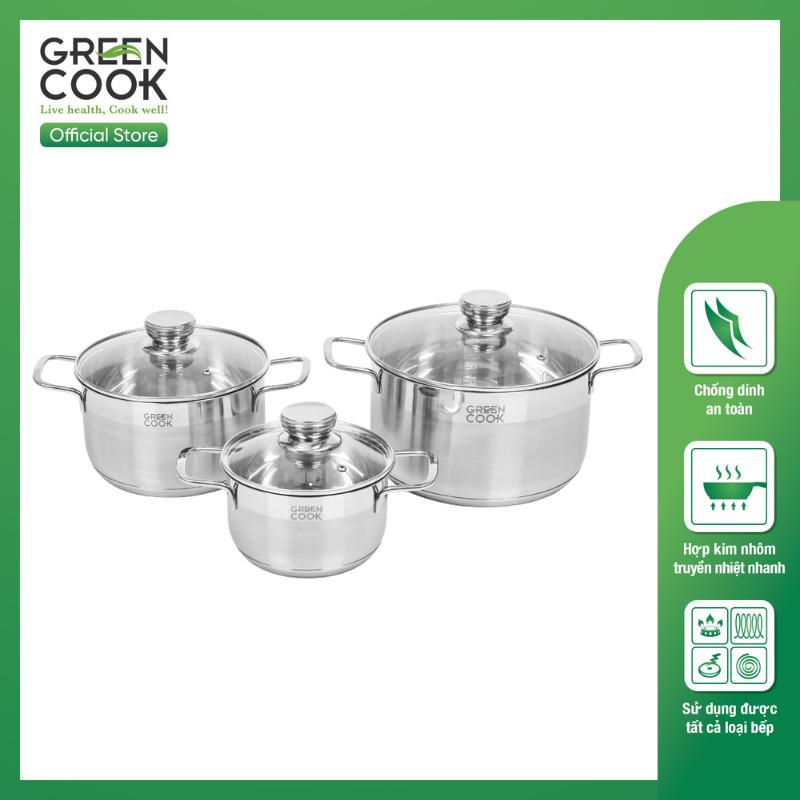 Bộ nồi Inox 5 đáy cao cấp Green Cook GCS232-T1 siêu bền sử dụng được trên bếp từ - Hàng chính hãng greencook