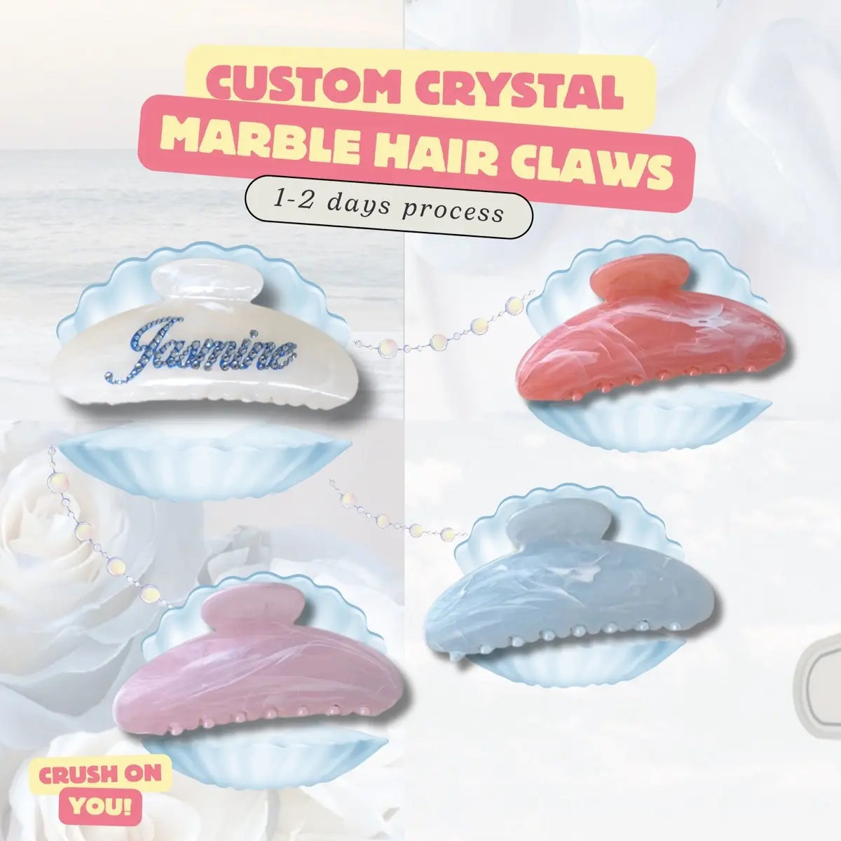 Custom Crystal HairClaw Marble Jepitan Nama Custom Rhinestone | CRUSHONYOU Clips Jedai Hairpin