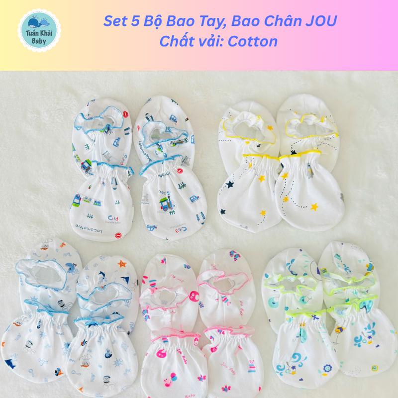 JOU- SET 5 Đôi Bao Tay Bao Chân Sơ Sinh Cotton Chất Vải Cotton Mềm Mịn Đẹp Voi Cho Bé Trai Và Bé Gái
