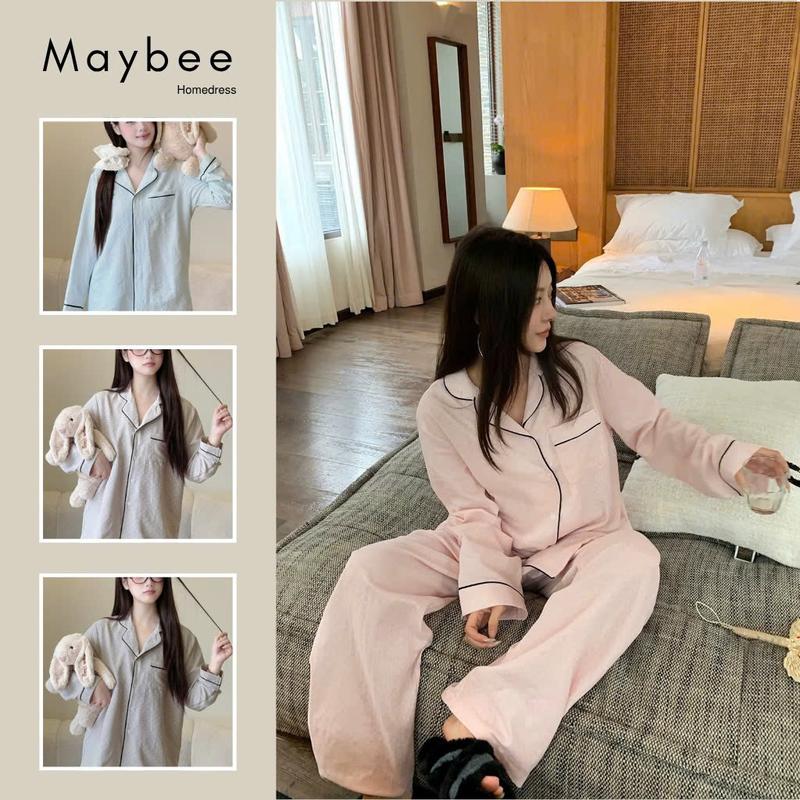 Bộ Đồ Ngủ Chấm Bi Vuông Mờ Viền Đen Dáng Rộng Maybee Homedress