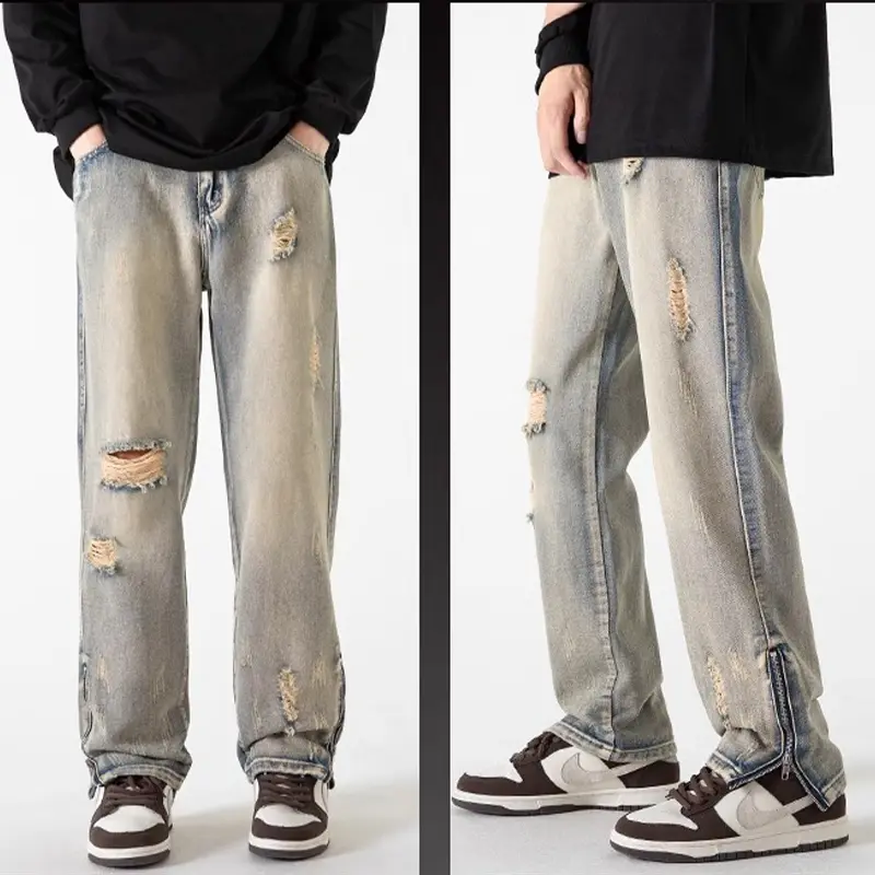 Celana Jeans Pria Baggy Retro Biru Sobek Standar Korean Style Denim Cowok Keren Side Zipper - Panjang, Distro Skinny Straight Dewasa ski̇nny