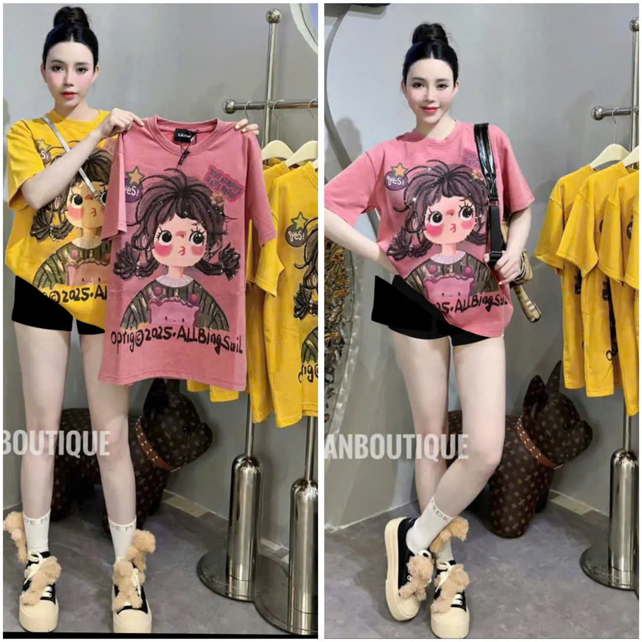 set đồ nữ hot, BỘ ĐÙI NỮ BIGSIZE ÁO FORM RỘNG HÌNH CÔ GÁI OPRING đáng yêu cute