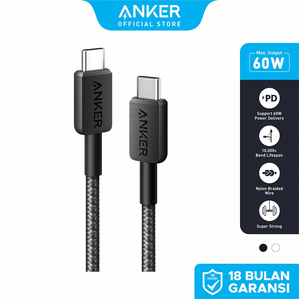 Kabel Charger Anker 322 USB-C to USB-C Cable (3ft Braided) - A81F5