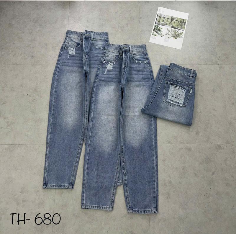 Quần baggy jean nữ ống Đứng lưng cao k co dãn ,Quần Jean nữ màu xanh bụi rách túi kiểu from 9 tấc TH680