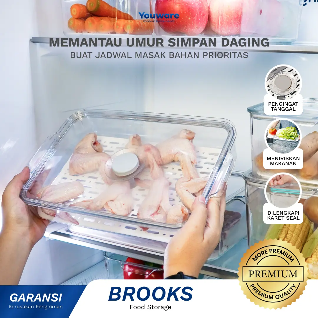 Youware - Brooks  kulkas dengan aplikator penanggalan / Wadah Sayur / Kontainer Makanan Kulkas / Kotak Transparan / Organizer / Penyimpanan Buah Sayur Bahan Makanan Plastik Tutup dilengkapi Karet Seal 5 1 fridge storage set