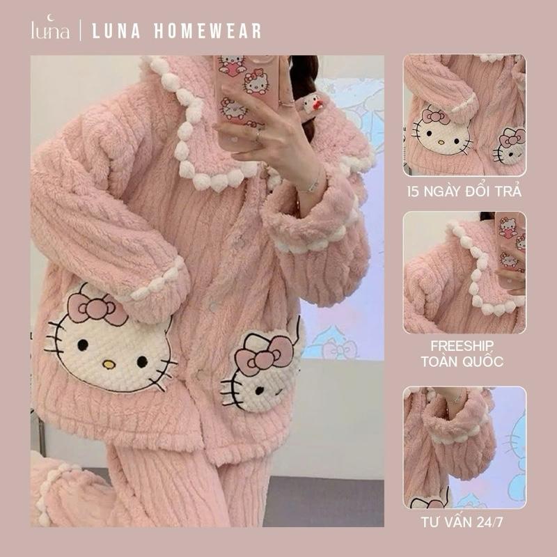 LUNA Bộ ngủ lông CỔ BÈO lông hoạ tiết phối túi 2 bên lông 2 mặt siêu mềm êm ấm bộ ngủ nữ mùa đông ấm áp Women Quần Ngủ