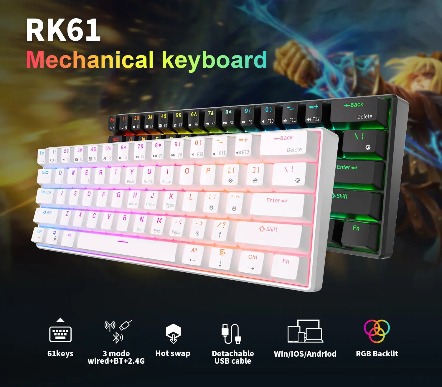 RK ROYAL KLUDGE RK61 Three Mode Hotswap RGB Backlit 2.4g Wireless Bluetooth 3.0 & USB C Mechanical Keyboard