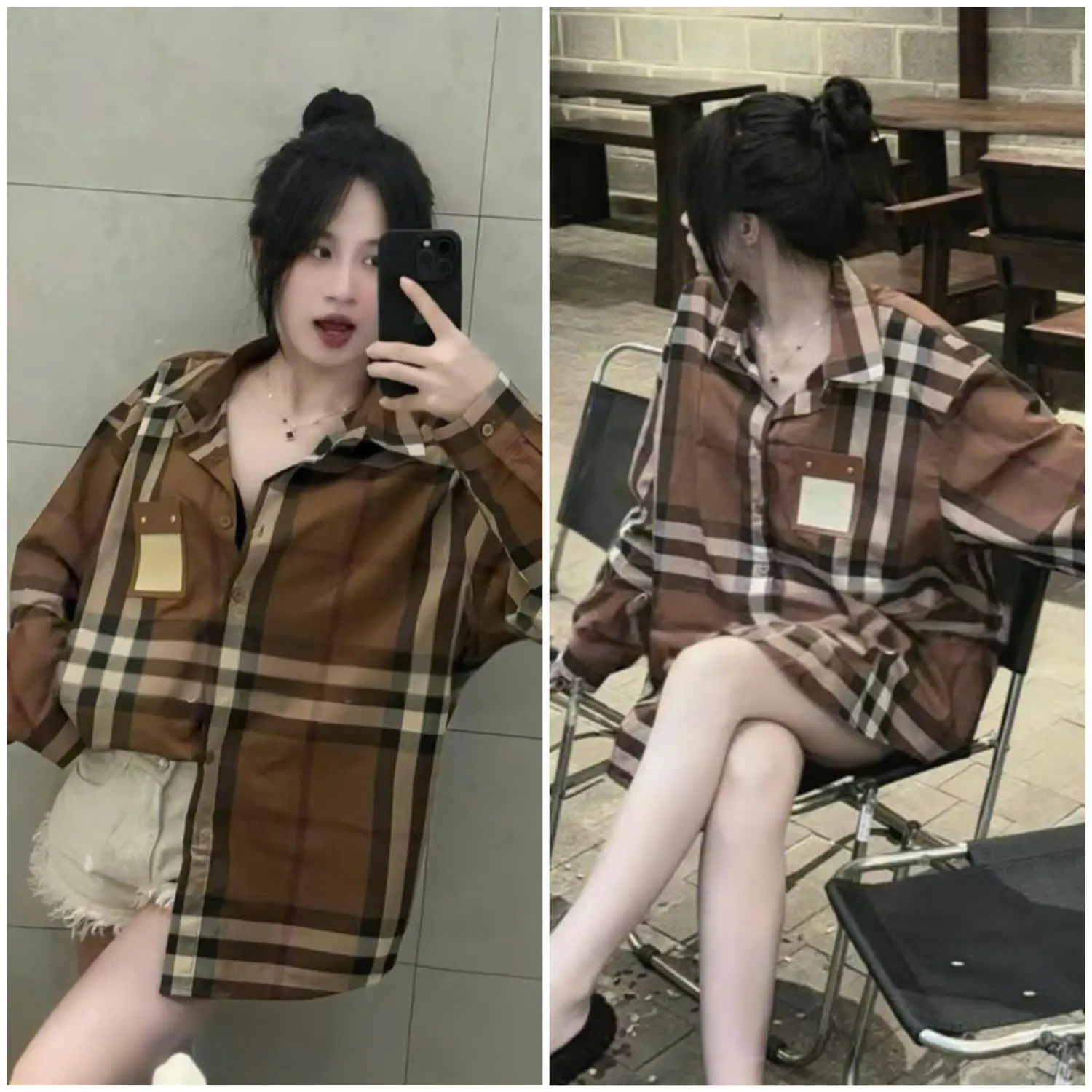 Áo sơ mi nữ tay dài tone nâu vải - Lụa ONE SIZE form dấu quần