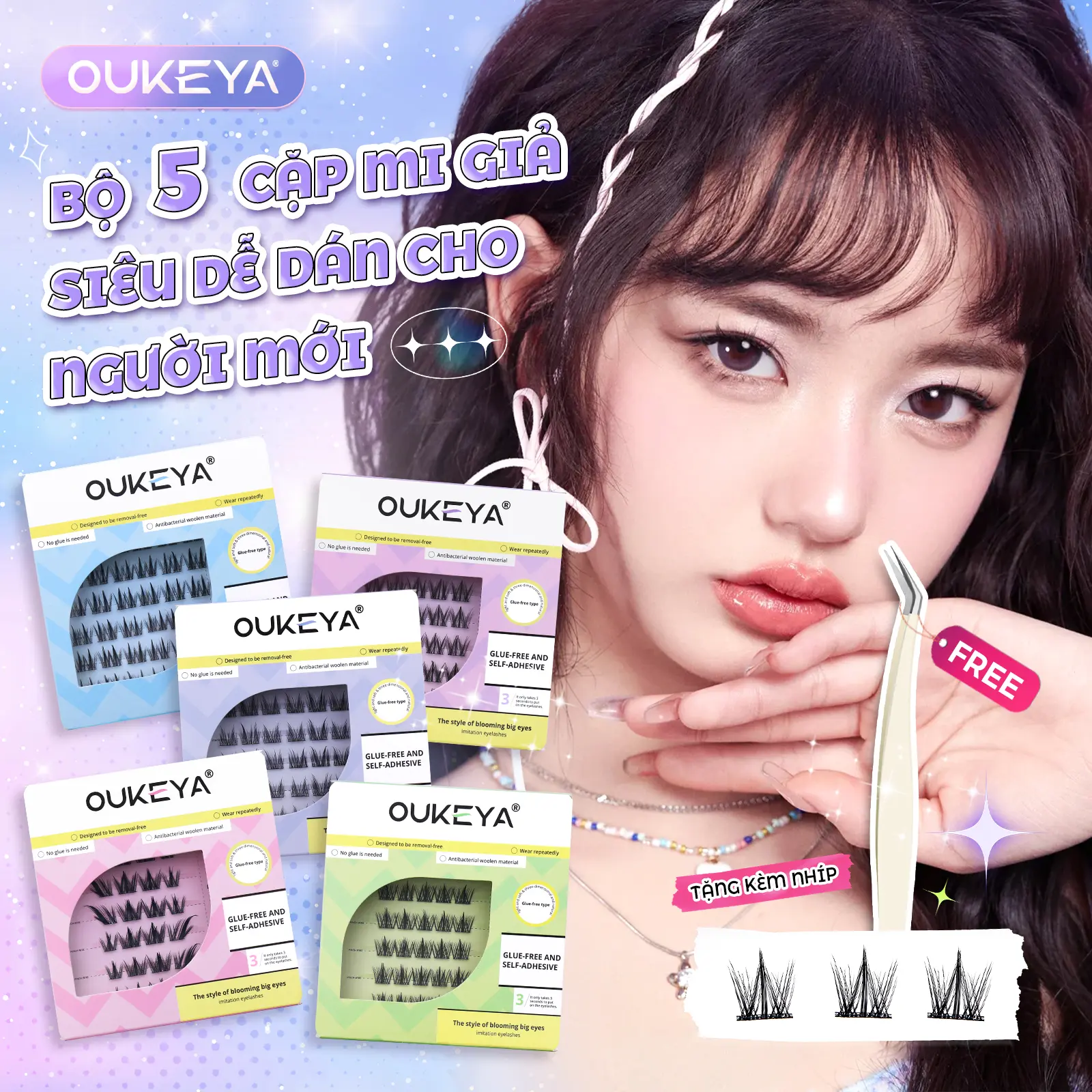 （MUA 1 TẶNG 1）Mi giả không keo OUKEYA Tự dính dùng nhiều lần Tặng kẹp  10-14mm tự nhiên/đậm tùy chọn Chất liệu sợi sinh học dán siêu nhanh cho người mới