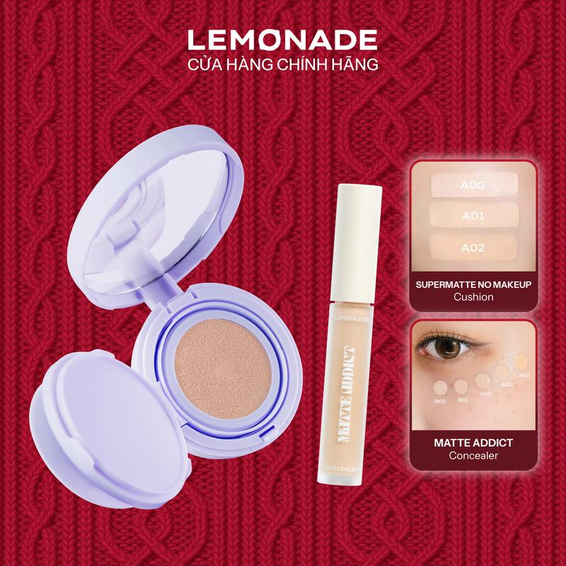 Combo 01 Phấn nước mỏng nhẹ kiềm dầu thuần chay chống nắng Lemonade Supermatte No Makeup Cushion 15g và 01 Kem che khuyết điểm Matte Addict Concealer 3g