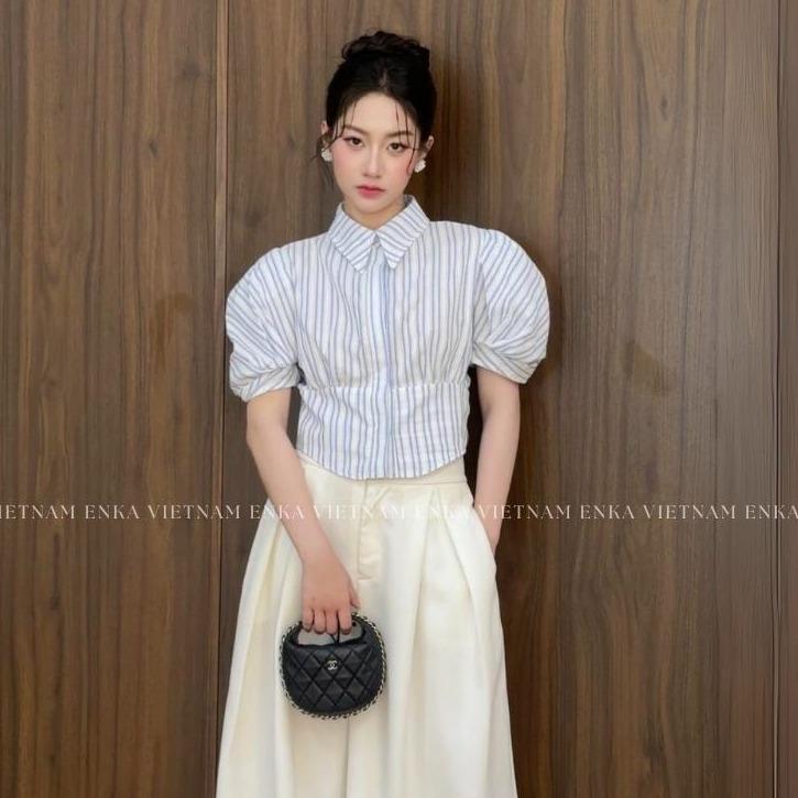 Áo Sơ Mi babydoll xinh tay phồng nữ tính Ivy Top áo sơ mi kiểu nữ chiết eo nhẹ nhàng phong cách tiểu thư mùa hè ENKA VIETNAM