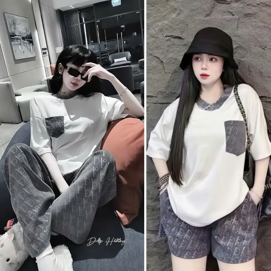 Set bộ nữ gồm áo phông tay lỡ mix cùng quần dài ống suông hoạ tiết full nổi bật