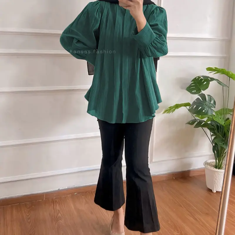 Amera Blouse Kemeja wanita Bahan Polo Linen Casual Lengan Panjang Polos 3