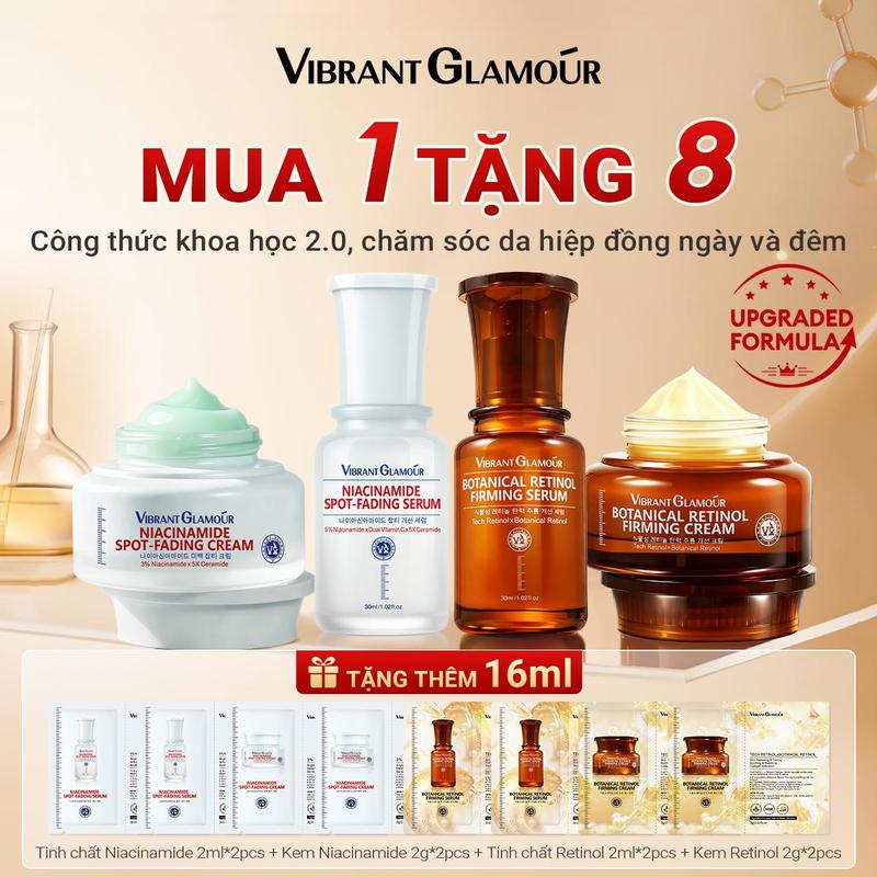 Vibrant Glamour Sáng Niacinamide + Tối Retinol Bộ Khoa Học 2.0 (4 Món) |Hỗ trợ làm mờ vết hỗ trợ thâm nhanh chóng + hỗ trợ làm sáng da + hỗ trợ chống lão hóa + hỗ trợ củng cố hàng rào da|Serum Retinol Thảo Mộc + Kem Dưỡng