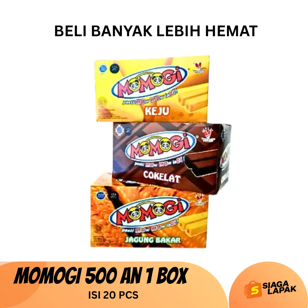 Momogi 1 BOX isi 20pcs Snack Rasa Coklat Keju Jagung Bakar Cappucino Tutti Fruti