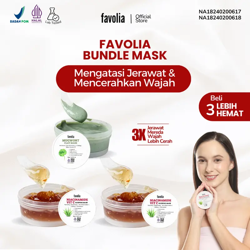 FAVOLIA Bundle 1 Mugwort Clay Mask 30gr + 2 Niacinamide Vit C Sleeping Mask 30gr - Masker Wajah untuk Mengatasi Jerawat, Mencerahkan & Melembapkan | Halal & Teruji Lab, Beli 3 Lebih Hemat 0