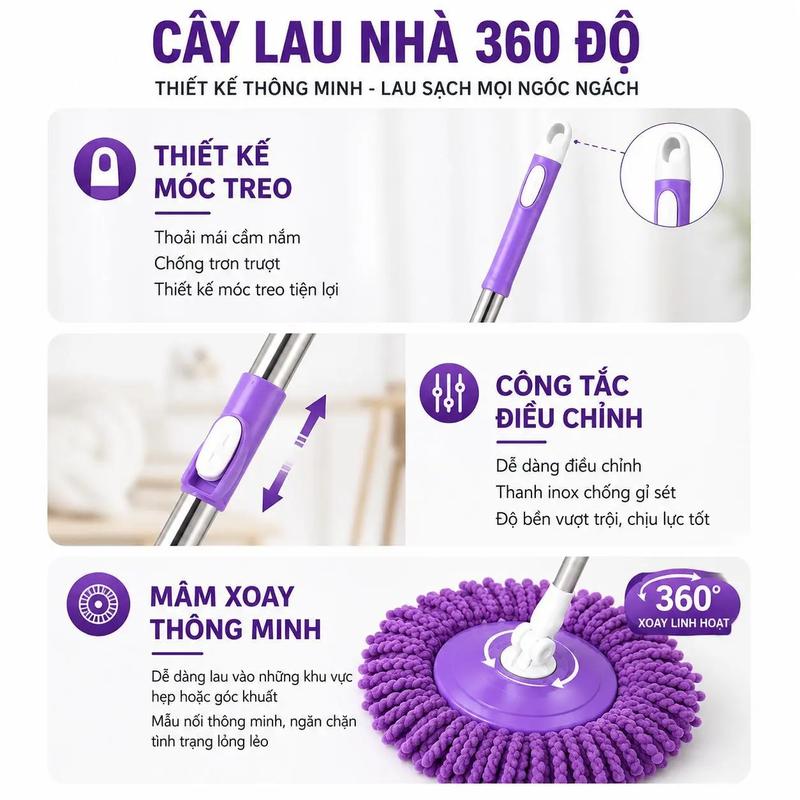 Cây Lau Nhà Xoay 360 Độ Inox 3 Khúc Tháo Rời Kèm Bông Lau Microfiber
