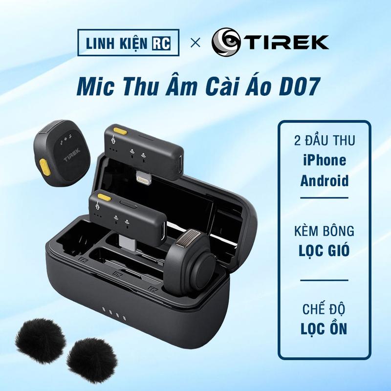 Mic Thu Âm Không Dây Cho Điện Thoại Tirek D07 - Bộ 2 Mic 2 Đầu Thu- Micro Ghi Âm Cài Áo Quay Video Làm Vlog ,Livestream Tiktok Chuyên Nghiệp