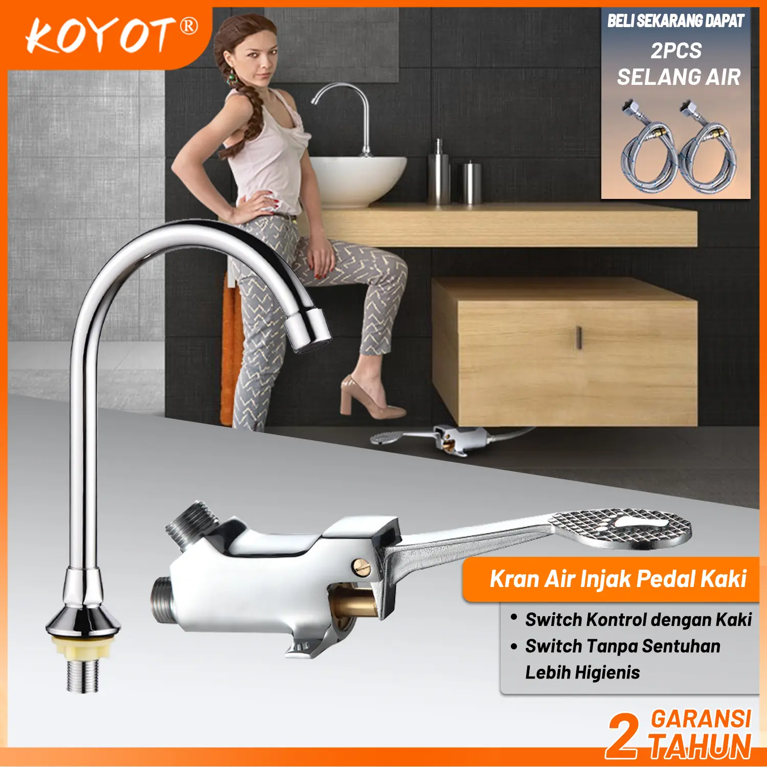 KOYOT Kran Wastafel Sink Injak Klinik Dokter Laboratorium Keran Air Injek Kuningan Foot Pedal Valve Pijak Tekan
