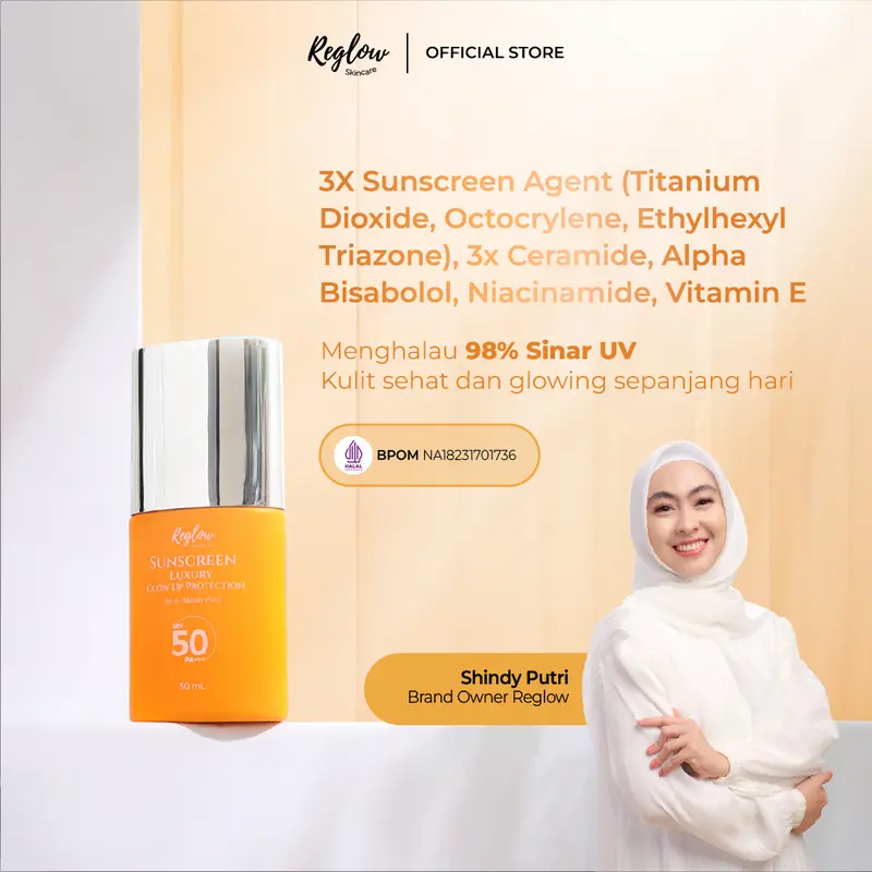 [Official] Reglow Sunscreen Luxury Glow Up SPF 50 PA+++ Wajah Glowing Tone Up Instan saat apply Perlindungan 500 Menit Bahaya Sinar Matahari Bantu Cerahkan Wajah Pudarkan Flek Hitam dan Menjaga Skin Barrier 0