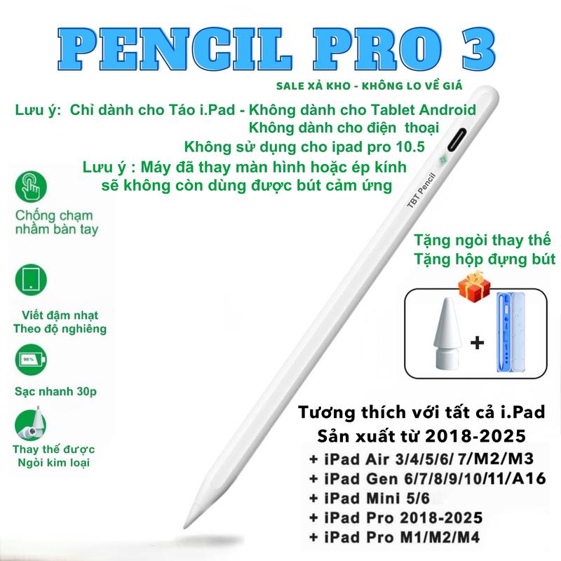 [Pencil Pro 3] Bút cảm ứng dành cho iPad Pro M4/M2/M1 ,iPad Air 7/6/5/4/3 ,iPad Gen 6/7/8/9/10/11/A16 ,iPad Mini 5/6 chống tỳ đè ,sạc nhanh type C,thay thế được ngòi kim loại, Phụ Kiện iPad