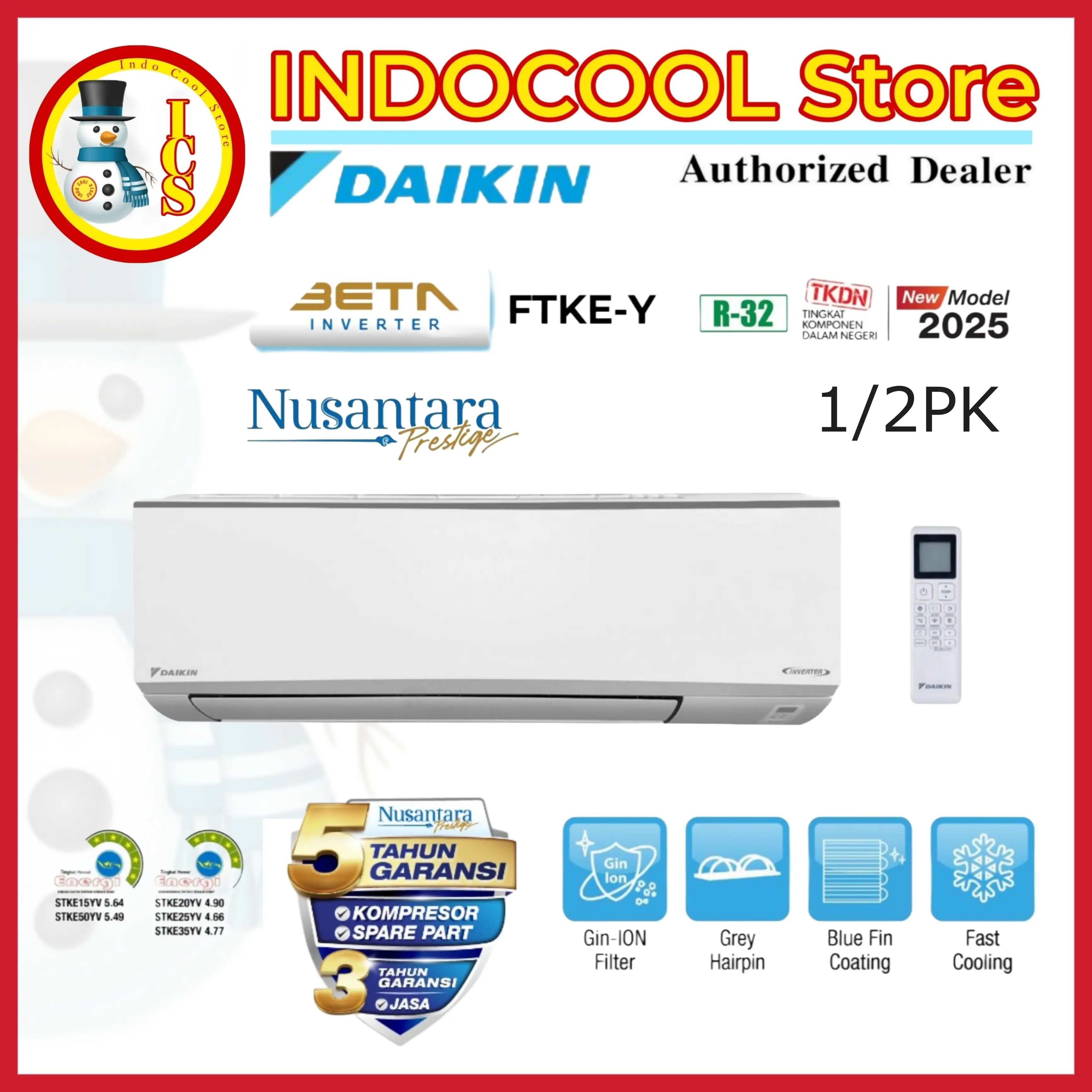 Daikin AC Beta Inverter 1/2 PK FTKE15-YV 5000 Btu/h Garansi 3 Tahun Sparepart 5 Tahun Kompresor Turbo Mode Blue Fin Coating Gin-ion Blue Filter